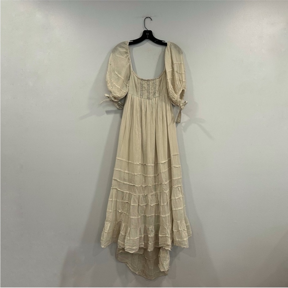 Free People Let's Be Friends Beige Taupe Midi Dress Puff Sleeve XS